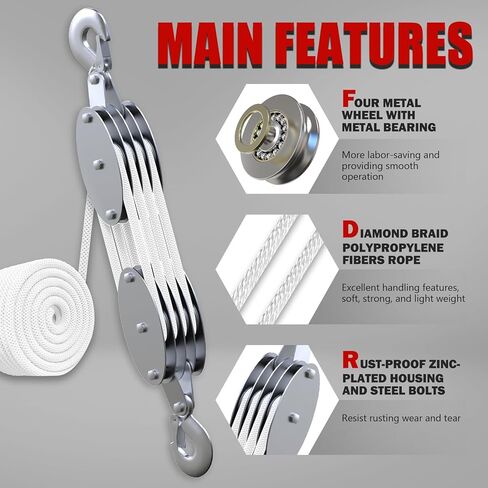 Upgraded Rope Pulley Hoist 4400 LB, 8:1 Lifting Power Pulley Block and Tackle System, Pulley Block 2200LB Loading Capacity, 3/8 × 65ft Heavy Duty Rope Hoist for Hunting Garage Warehouse in Kuwait