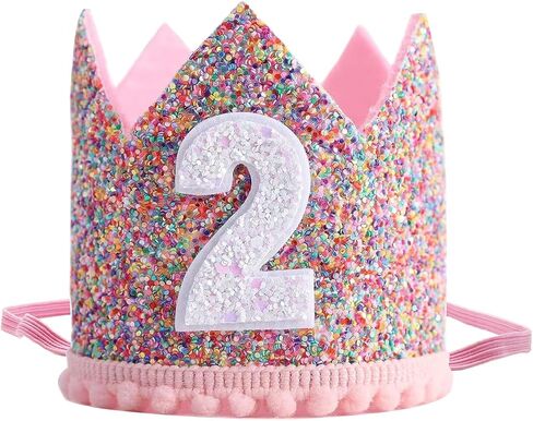 Rainbow Birthday Crown Hat for Girls, Glitter Pink Hat Crown for 1/2 1 2 Years Old Party Supplies Decorations in Saudi Arabia