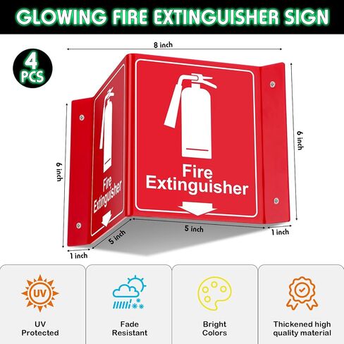 4 Pcs Fire Extinguisher Projecting Sign Glow in The Dark 2 Sided V Shaped Acrylic Fire Extinguisher Sign with Down Arrow, 6" x 5" for Business Shopping Mall Office Restaurant Home Supplies in Saudi Arabia
