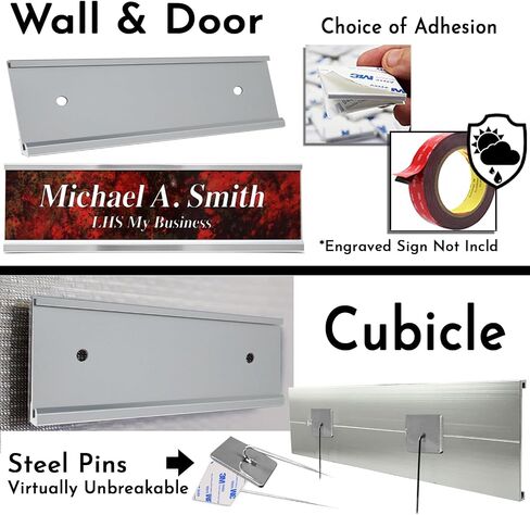 LHS | 2x8 Executive Name Plate Holder, Silver Aluminum Adhesive Door Mount for Wall Plaques, Mailbox Signs and Cubicles | Made in USA in Kuwait