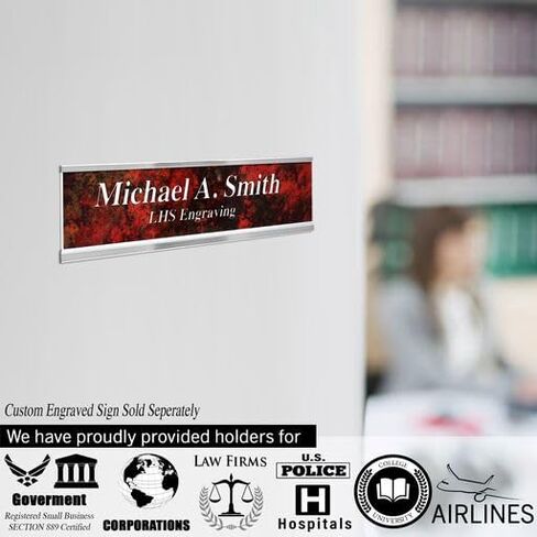 LHS | 2x8 Executive Name Plate Holder, Silver Aluminum Adhesive Door Mount for Wall Plaques, Mailbox Signs and Cubicles | Made in USA in Kuwait