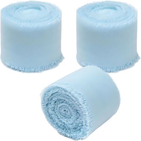 3 Rolls Light Blue Chiffon Ribbon, 1.5" x 15Yd Handmade Frayed Fringe for Gift Wrapping, Wedding Decorations in Kuwait