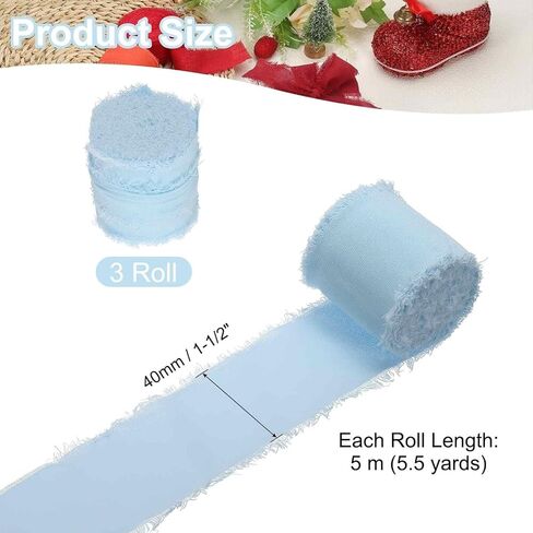 3 Rolls Light Blue Chiffon Ribbon, 1.5" x 15Yd Handmade Frayed Fringe for Gift Wrapping, Wedding Decorations in Kuwait
