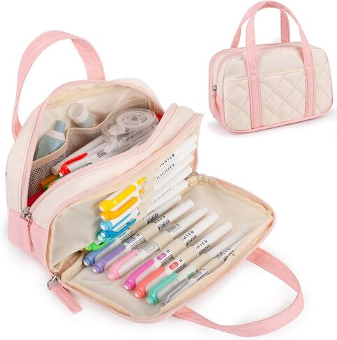 2 Compartment Pencil Case For Girls,Zipper Pencil Bag With Handle, Large Capacity quilting Pencil Pouch Organizer Aesthetic, Womens Soft Pencil Box Marker Pouch For Middle School Office College in Saudi Arabia