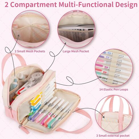 2 Compartment Pencil Case For Girls,Zipper Pencil Bag With Handle, Large Capacity quilting Pencil Pouch Organizer Aesthetic, Womens Soft Pencil Box Marker Pouch For Middle School Office College in Saudi Arabia