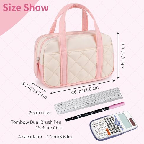 2 Compartment Pencil Case For Girls,Zipper Pencil Bag With Handle, Large Capacity quilting Pencil Pouch Organizer Aesthetic, Womens Soft Pencil Box Marker Pouch For Middle School Office College in Saudi Arabia