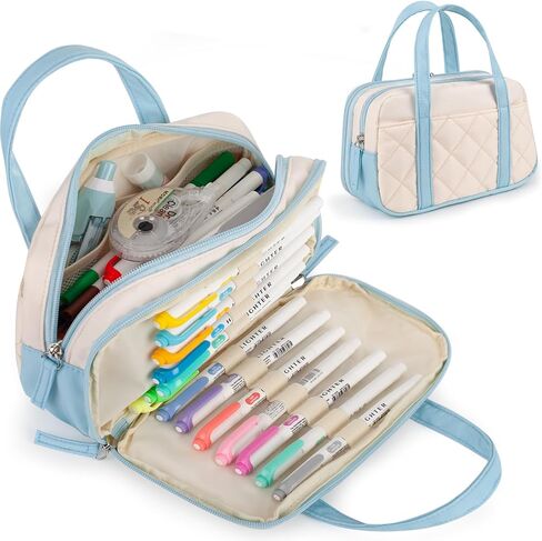 2 Compartment Pencil Case For Girls,Zipper Pencil Bag With Handle, Large Capacity quilting Pencil Pouch Organizer Aesthetic, Womens Soft Pencil Box Marker Pouch For Middle School Office College in Saudi Arabia