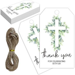 Thank You for Celebrating with Us Tag, 50 Pcs Baptism Lables, 2x3 Inch Baptism Gift Tags with String for Wedding Birthday Baby Shower Bridal Shower, Party Decoration, Cross Eucalyptus-A03