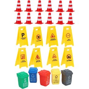 DOITOOL Mini Traffic Signs Set, 25PCS Plastic Street Signs Playset Mini Traffic Cones Yellow Warning Sign Toy Garbage Cans Safety Education Toy for Dollhouse Scene