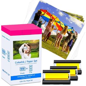 GREENCYCLE Compatible with Canon Selphy CP1500 CP1300 Ink and Paper KP-108IN 3 Color Ink Cartridges and 108 Sheets 4 x 6 Photo Paper Glossy for Canon Selphy CP1300 CP1200 CP1000 CP900 Photo Printers