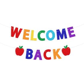 YQUQWN Glitter Welcome Back To School Banner Colorful No DIY Back to School Apple Supplies Classroom Decor for First Day Party Decorations, Apple Banner for Teachers Office Home Party Door Decor