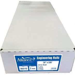 Alliance CAD Paper Rolls, 36" x 500’, 92 Bright, 24lb - 2 Rolls Per Carton - Ink Jet Bond Rolls with 3" Core