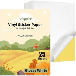 ورقة Happlee Sticker Paper A4 (8.3x11.7 ") ورقة طابعة قابلة للطباعة 25 ورقة لمعرفة طابعة الحبر والليزر الأبيض لزجة لزجة للاصد للطباعة جعل الملصقات الخاصة بك ، الفنون والحرف (لامع 25)