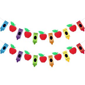 Back to School Banner Pre-strung Crayon Apple Set for Welcome Decor, 22 Piece Adjustable Photo Backdrop Wall Decoration for Teachers, First Day Celebrations & School Events