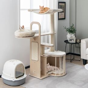 Tangkula Solid Wood Cat Tree, 4-in-1 Building Block Large Cat Tower with Space Capsule Nest, Scratching Posts, Padded Platform, Hanging Toy, Cat Tree Tower with 4 Transformations for Indoor Cats in Kuwait