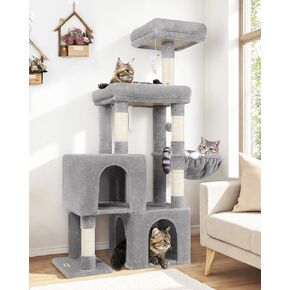 Cat Tower for Indoor Cats, 52in Multi-Level Cat Tower with 5 Sisal Scratching Posts, Cat Tree House with 2 Padded Perches, 2 Cozy Condos, Big Hanging Basket, Hanging Toys, S52, Light Gray