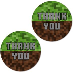126 Pixel Miner Thank You Stickers, 1 Inch Big Round Glossy Labels, Great for Mine Themed Birthday Party, Envelope Seal, Boy or Girl Craft Decoration Favors Supplies. Made in USA