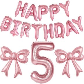 Pink Happy Birthday Balloons, 31"Huge Pink Bow Aluminum Foil Balloons for Girl Woman Birthday, Princess, Coquette Party Decorations Supplies
