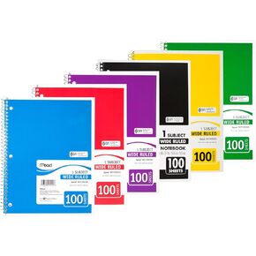 Mead Spiral Notebook, 1 Subject, Wide Ruled, 100 Sheets, 8" x 10 1/2", Assorted Colors, Pack Of 6