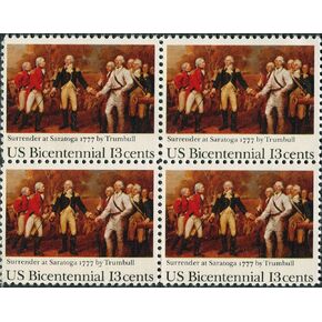 REVOLUTIONARY WAR ~ SURRENDER AT SARATOGA ~ BURGOYNE ~ TRUMBULL #1728 Block of 4 x 13¢ US Postage Stamps