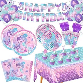 161PCS Mermaid Birthday Decorations, Mermaid Birthday Party Supplies Serves 24 with Plates Napkins Banner Tablecloth Cake Toppers Balloons Forks for Under the Sea Theme Party Decorations