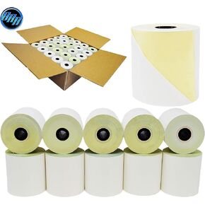 (100 Rolls) Two Ply Carbonless Rolls 3 X 90 Feet HoneyComb Core White/Canary Kitchen Printer Paper (2 X 50 Rolls Per Carton) Kraft Tape Overpacked Box