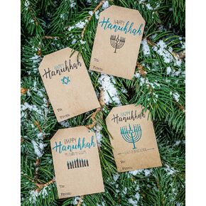Natural Kraft Hanukkah Gift Tags – 2 x 3 Inch Holiday Adhesive Labels, Set of 100 – 4 Unique Designs with Hanukkah Themes for Festive Wrapping, Made in USA