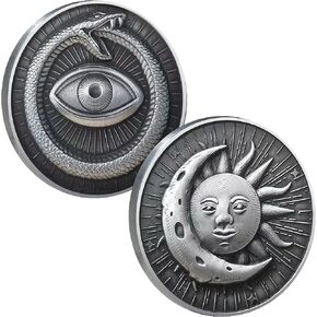 Engraved Sun Moon Ouroboros and All-Seeing Eye Imagery Challenge Coin Mystery Totem Lucky Coin