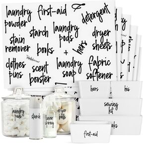 141 Laundry Labels for Jars, Containers - Preprinted Black Script Stickers for Linen Closet, Bathroom, Cleaning Supplies Organization, and Laundry Room Organization (Water Resistant)