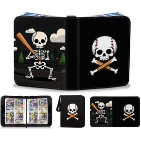 1PC Cute Skeleton Baseball Theme Trading Card Binder Case For Game Cards With Sleeves Binder 4-Pocket, Portable Card Collector Card Holder For Holds Up To 400 Standard Size Cards Games Carrying Case.