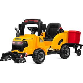 MOLACHI 12V Ride On Street Sweeper Truck, Ride on Car w/Remote Control,Electric 360 Degree Rotating Sweeping Brooms，Music,LED Light,Ideal Gift for Kids 3-7 Years Old,Yellow