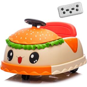 12V Bumper Car for Kids, Ride on Toys for Toddlers 1-3 Boys & Girls W/Parents Control, Cute Hamburger Shape Bumping Car with Rotation & Anti-roll Design, Bluetooth, Music, USB, LED Lights