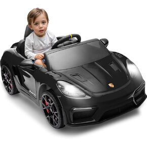 Licensed Porsche 718 12v Kids Electric Ride On Car with Parent Remote Control,Adjustable 2-5 Mph,LED Front&Tail Lights,Bluetooth Music Player,Soft Slow Start,Spring Suspension (Pink)