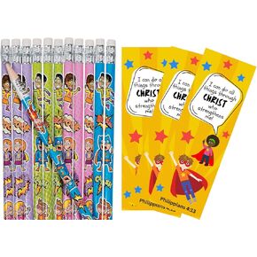 24 Sets of Superhero Bookmarks with Super Hero Pencils - Vacation Bible School - Church Award Prizes - Philippians 4:13 - Christian Bookmarks