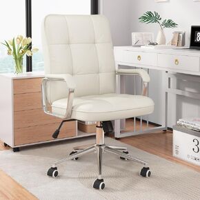 White Office Chair with Soft Leather, Swivel Executive Office Desk Chair with Wheels and Padded Arms, Adjustable Height