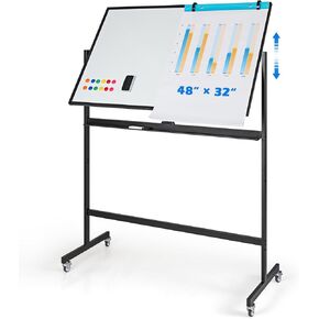 Double-sided Magnetic Whiteboard, 48" x 32" Rolling Whiteboard with 2 Adjustable Heights, Lockable Wheels & Accessories, Dry Erase Board Mobile Whiteboard with Stand for Office & Classroom