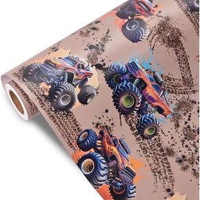 Dtiafu Monster Truck Wrapping Paper Roll for Boys Kids - Monster Truck with Fire, Racing Car Gift Wrap for Birthday Baby Shower Holiday Party - 17 Inch x 20 feet(Total 28.5sq.ft)