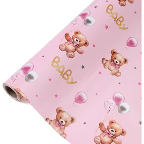 wishinside Bear Wrapping Paper Roll-17 Inches X 32.8 Feet, Mini Roll, Pink Bear Design Wrap Paper for Baby Shower, or Baby Girl, Girl’s Birthday Party, Kids' Parties, 1 Roll