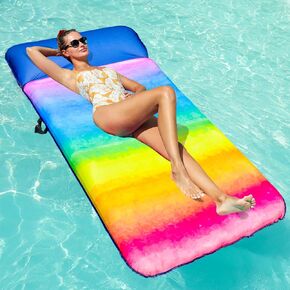 FindUWill Oversized Pool Float Lounger, 72" X-Large Fabric Covered Pool Floats Adult with Headrest, Ultra Comfort Inflatable Pool Floaties Pool Raft for Swimming Floating (Rainbow)