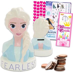 Frozen Piggy Bank for Kids Set - Bundle with Ceramic Elsa Money Bank Plus Stickers, Tattoos, More | Disney Frozen Piggy Bank for Girls