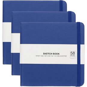 PATIKIL 5x5" Hardcover Leather Pocket Sketchbook, 3Pcs 58 Sheets 150GSM/102lb Blank Notebook Travel Journal Sketching Pad for Writing Drawing Painting Artist, Blue