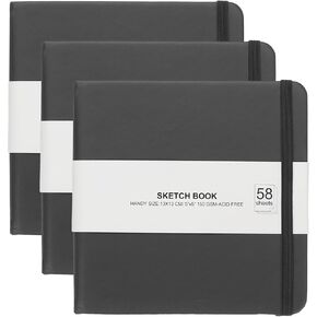 PATIKIL 5x5" Hardcover Leather Pocket Sketchbook, 3Pcs 58 Sheets 150GSM/102lb Blank Notebook Travel Journal Sketching Pad for Writing Drawing Painting Artist, Black