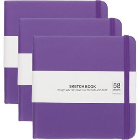 PATIKIL 5x5" Hardcover Leather Pocket Sketchbook, 3Pcs 58 Sheets 150GSM/102lb Blank Notebook Travel Journal Sketching Pad for Writing Drawing Painting Artist, Purple