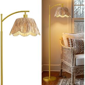 Oneach Arc Floor Lamp لغرفة المعيشة ، مصباح أرضي Rattan Boho مع ظل الخوص المنسوجة يدويًا ، مفتاح القدم ، قاعدة معدنية ذهبية وقطب ، مصباح مزرعة دافئ لزاوية غرفة النوم ، القراءة