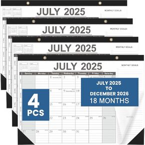4 Pack Desk Calendar 2025-2026, July 2025 - December 2026, 18 Months Calendars, 12x17" Desktop Monthly Planner with Perforated Pages, as Family Office School Classroom Desk or Wall Calendar
