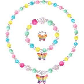 Girls Crystal Butterfly Jewelry Set - Toddler Butterfly Necklace Girls Pretend Plasy Toy Jewelry Set with Bead Necklace, Bracelet and Ring - Play Accessories - Ages 3+ Girl Birthday Gifts-Style 1