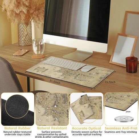 Middle Earth Map Large Extended Gaming Mouse Pad Fantasy Map XXL Mousepad Desk Pad for Keyboard and Mouse, Non-Slip Rubber Base Mousepad with Stitched Edges for Office Desk Decor, 31.5 x 15.8 in in Saudi Arabia