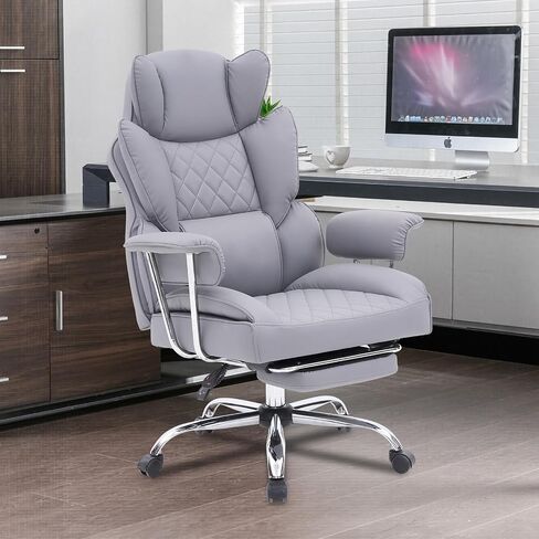 Executive Office Chair with Footrest, Ergonomic High Back Desk Chair with Lumbar Support, Reclining Leather Chair with Padded Armrest and Wheels for Home Office, Kahki in Saudi Arabia