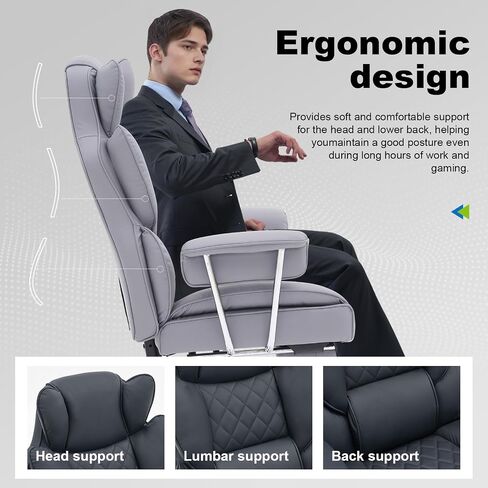 Executive Office Chair with Footrest, Ergonomic High Back Desk Chair with Lumbar Support, Reclining Leather Chair with Padded Armrest and Wheels for Home Office, Kahki in Saudi Arabia