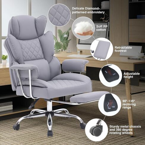 Executive Office Chair with Footrest, Ergonomic High Back Desk Chair with Lumbar Support, Reclining Leather Chair with Padded Armrest and Wheels for Home Office, Kahki in Saudi Arabia
